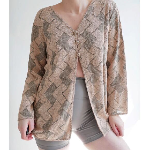 slinky knit blouse | funky y2k vintage chevron knit neutral collared L - Picture 9 of 16